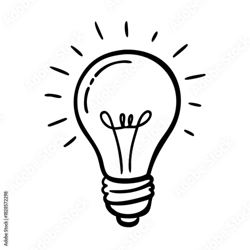 Cartoonish childlike line art shows light bulb with shining rays, illustrating bright idea. Light bulb represents childlike interpretation of innovation and creation.