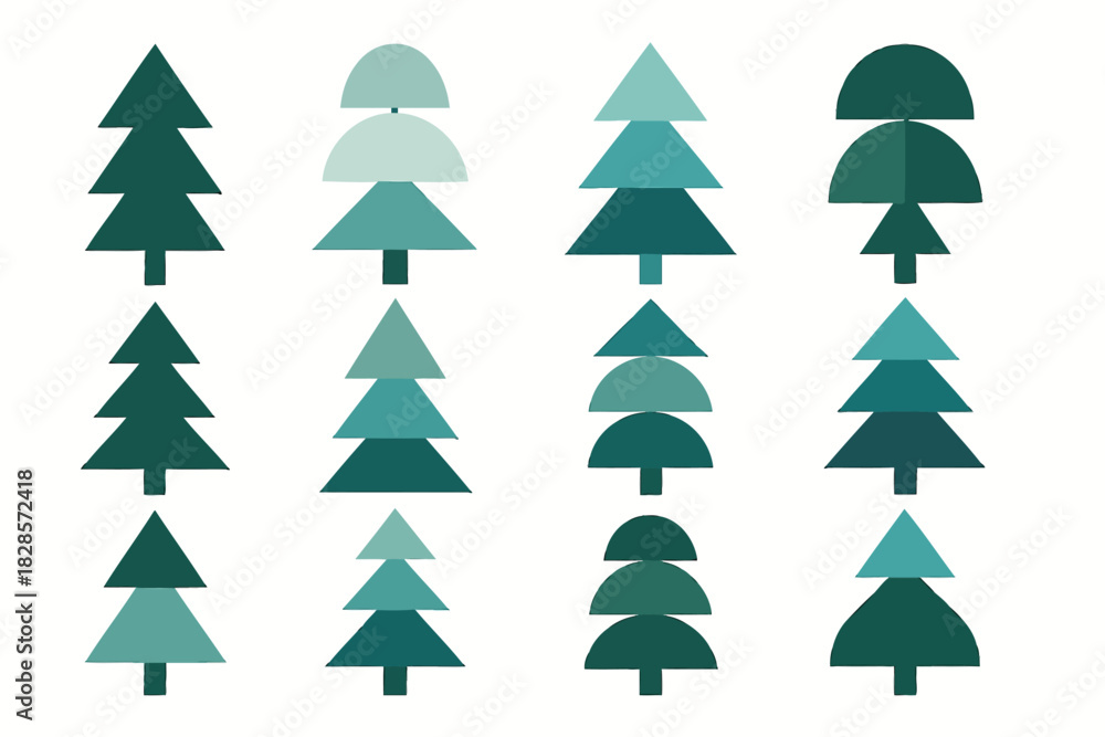 Fototapeta premium Geometric winter tree collection featuring layered triangles and circles in simple clean flat vector arrangement