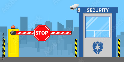 Security gate with guard posts and CCTV monitor, guarding the entrance to the most important offices in the nation's capital. Cartoon design vector illustration