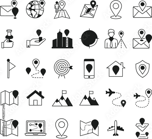 Collection of location and navigation icons in black and white doodle style