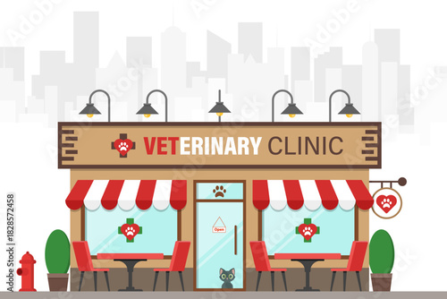 Veterinary Clinic building Exterior In Flat Vector Illustration Symbolizing Pet Healthcare, Animal Services, And Modern Facilities, Isolated On White Background