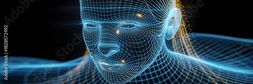 Wallpaper Mural Human face emerging from electric blue light grids symbolizing renewal – Perfect for technology, human connection, or digital art. Torontodigital.ca