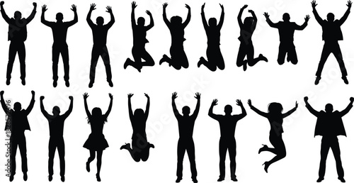 Set of 18 Happy People Jumping and Cheering Silhouette Vector, Men and Women Celebrating Success, Isolated Figures with Raised Hands