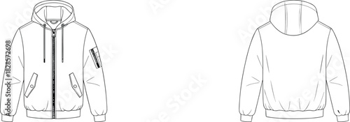 Hooded jacket technical sketch front and back, zipper flap pockets sleeve patch, cad drawing flat vector illustration