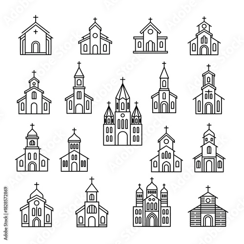 Collection of church building line art illustrations.