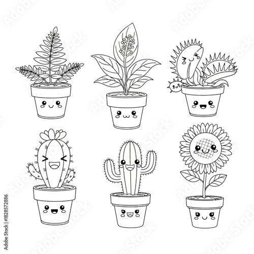 Cute cartoon plants in pots: fern, peace lily, venus flytrap, cacti, sunflower.