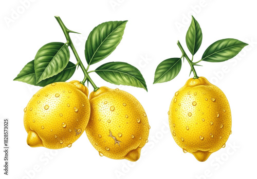 Vibrant yellow lemons, textured, water droplets, green leaves on branches, isolated on brilliant white, UHD botanical watercolor, concept of fresh vitality