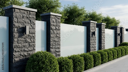 Contemporary fence combining stone pillars and frosted glass panels with neatly trimmed green shrubs.  
