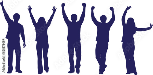 Five Young Adults Silhouette Figures with Raised Hands and Fists Celebrating Joy, Victory, Success, Freedom, and Enthusiasm on White Background Vector.Five Young Adults 