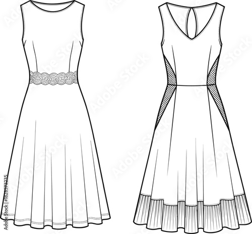 Sleeveless fashion dress technical sketch, lace waistband, mesh panel detail, keyhole back, garment flat drawing, cad drawing flat vector illustration