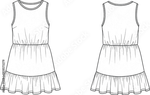 Sleeveless fashion dress technical sketch, ruffled hem, gathered waist, flared skirt, garment flat drawing, cad drawing flat vector illustration