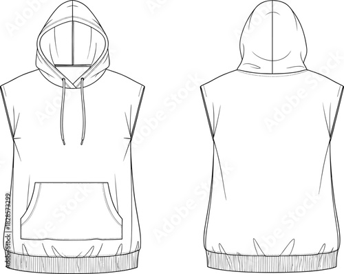Sleeveless hoodie technical sketch, front and back view fashion flat drawing, kangaroo pocket and drawstring hood detail, cad drawing flat vector illustration