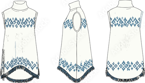 Sleeveless poncho garment technical sketch, front side back view, fringe hem and geometric pattern CAD fashion vector illustration