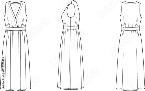 Sleeveless wrap midi dress sketch, front side back view, V-neck bodice, flared skirt, CAD fashion flat illustration