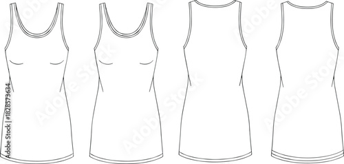 Tank top technical sketch, front back 3/4 view, scoop neck fitted silhouette, garment CAD drawing, fashion vector illustration