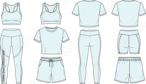 Women’s athletic wear technical sketch set, sports bra leggings t-shirt shorts front and back view, cad drawing flat vector illustration