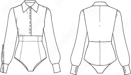 Women’s bodysuit technical sketch, front and back view, collared button-down flat drawing, garment CAD fashion vector illustration