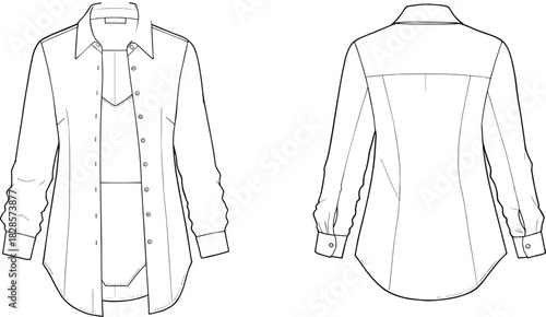 Women’s button-up shirt technical sketch, front and back view, layered inner top, princess seams garment CAD vector illustration