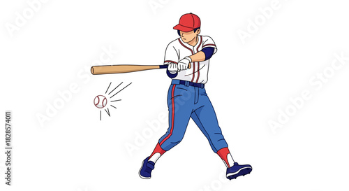 A baseball player hits a ball with a bat