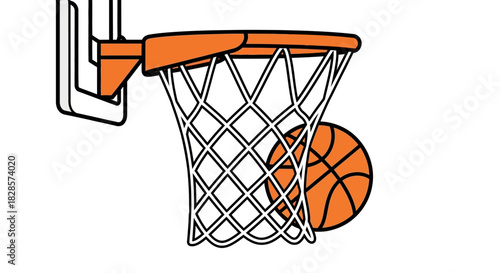 A basketball passes through a hoop with a net