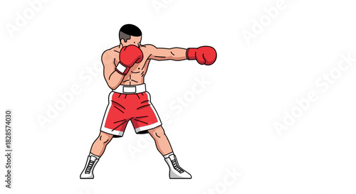 A boxer in a red outfit and gloves is in a fighting stance ready to punch