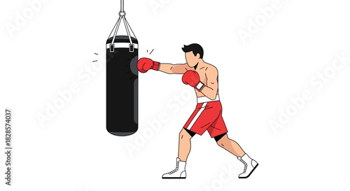 A boxer is punching a punching bag the boxer has on gloves shorts and boots