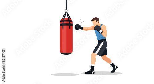 A boxer wearing black gloves punching a red punching bag hanging from the ceiling