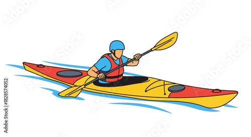 A cartoon of a kayaker paddles a red  yellow kayak on blue water