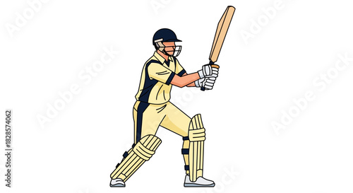 A cricket player in gear swings a bat ready to hit