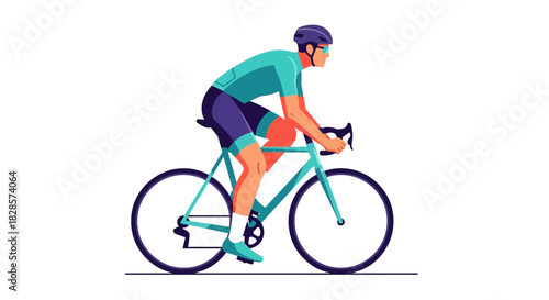A cyclist in helmet and sunglasses riding a turquoise bike