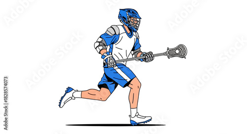 A cartoonstyle lacrosse player in blue uniform sprints while holding a lacrosse stick
