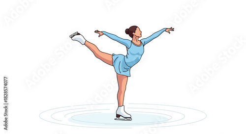 A figure skater in a light blue dress performs a pose on an ice rink