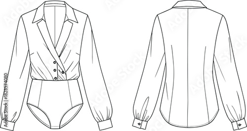 Women’s wrap bodysuit blouse technical sketch, front and back view, V-neck collar flat drawing, garment CAD vector illustration