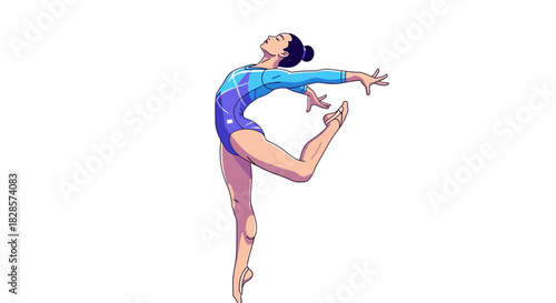 A gymnast in a blue leotard is shown in a pose with one leg raised behind her
