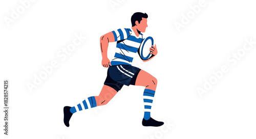 A rugby player wearing blue  white stripes sprints while holding a ball
