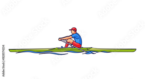 A rower sits in a narrow boat on rippled water pulling oars