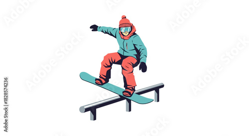 A snowboarder grinds a rail wearing snow gear