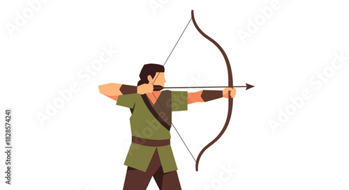 A stylized archer clad in green aims his arrow with a focused gaze bow drawn