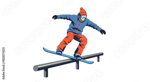 A snowboarder grinds across a rail wearing red and blue winter gear