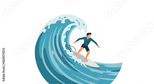 A surfer rides a large curling wave on a white surfboard