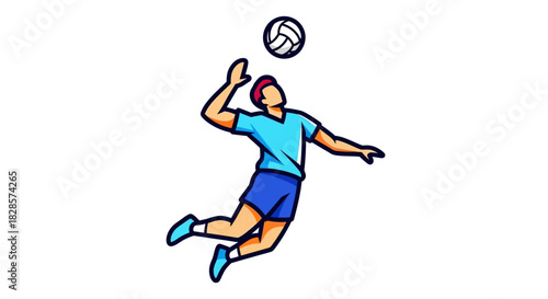 A volleyball player in midair leaps to strike the ball colored in blue and tan