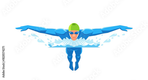 A swimmer with green cap blue goggles and blue swimming suit in motion