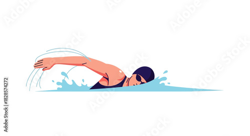 A swimmer with cap goggles arm out strokes in water