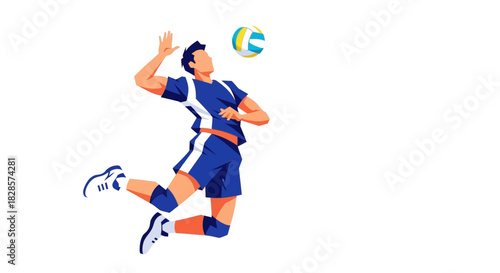 A volleyball player leaps midair arm raised to strike a multicolored ball