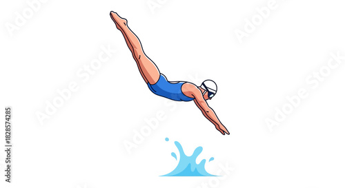 A woman in a blue swimsuit diving into water creating a splash