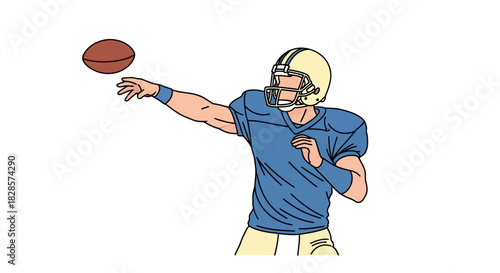 An American football quarterback in blue and yellow throwing a football