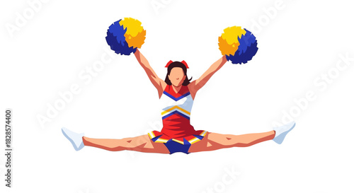 Cheerleader leaping midair pompoms up in full split