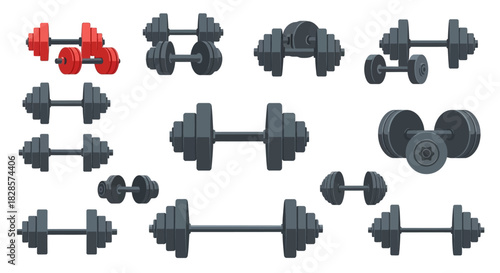 Collection of various weights some red most in shades of gray displayed on a white background