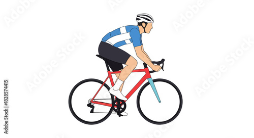 Cyclist with helmet and bluewhite jersey rides red road bike against a white background