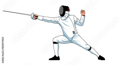 Fencer in white uniform and mask lunges with foil extended hand raised